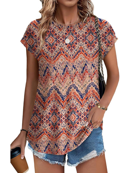 Basilisse Botanical Leaf Print Cap Sleeve Blouse