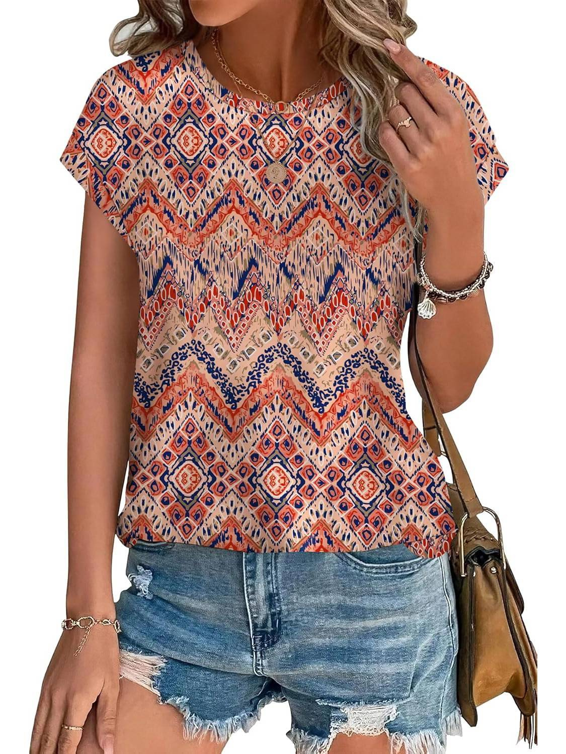 Basilisse Botanical Leaf Print Cap Sleeve Blouse