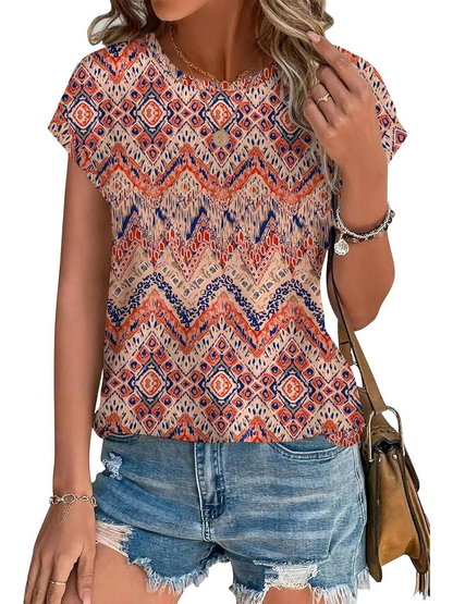 Basilisse Botanical Leaf Print Cap Sleeve Blouse