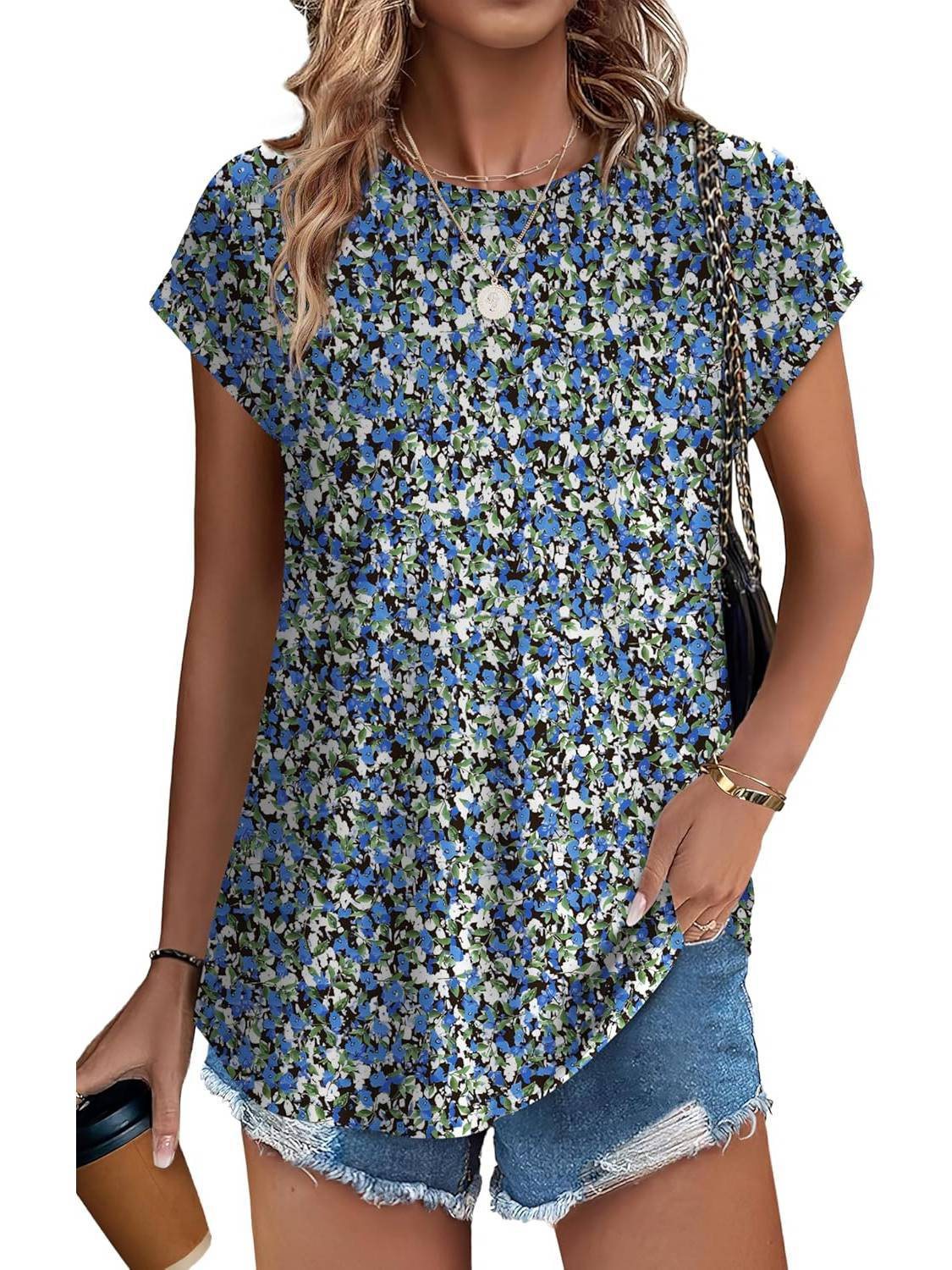 Basilisse Botanical Leaf Print Cap Sleeve Blouse