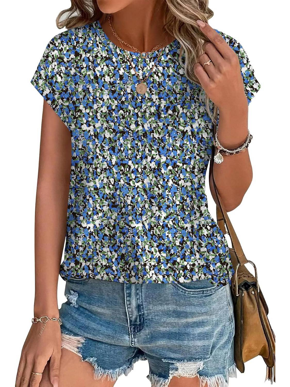 Basilisse Botanical Leaf Print Cap Sleeve Blouse