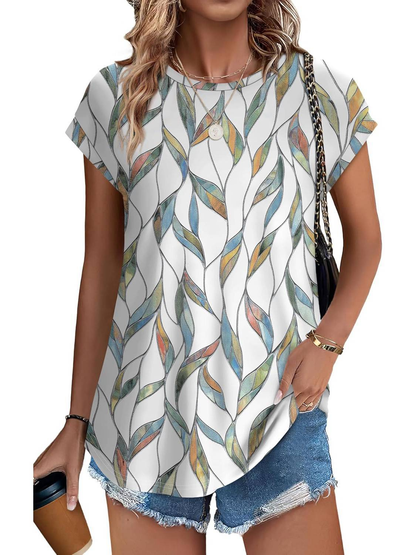 Basilisse Botanical Leaf Print Cap Sleeve Blouse