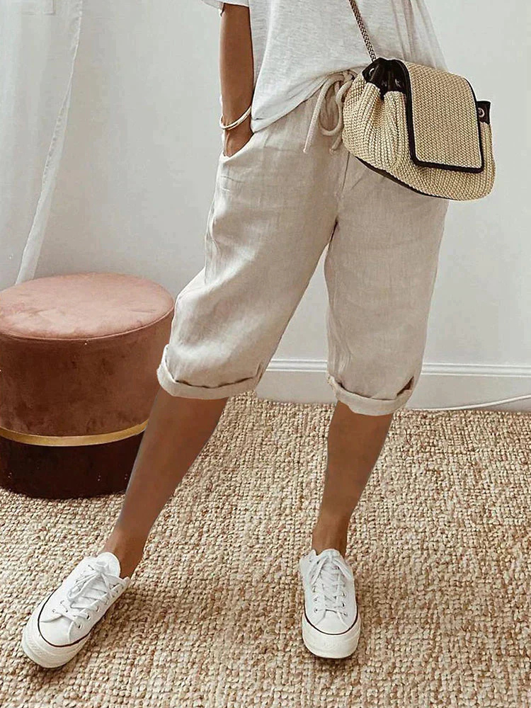 Vivette Linen Cropped Bermuda Shorts with Drawstring