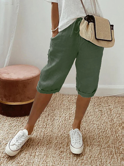 Vivette Linen Cropped Bermuda Shorts with Drawstring