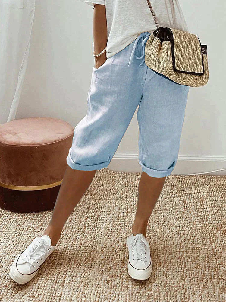 Vivette Linen Cropped Bermuda Shorts with Drawstring