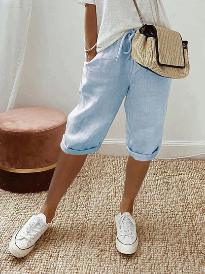 Vivette Linen Cropped Bermuda Shorts with Drawstring