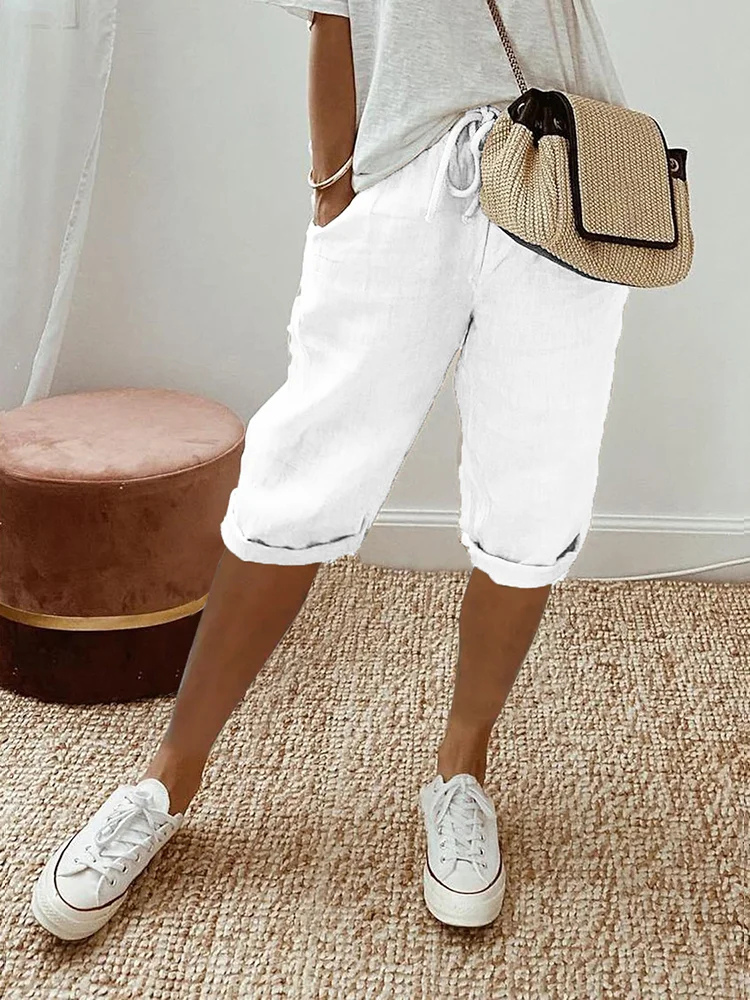 Vivette Linen Cropped Bermuda Shorts with Drawstring