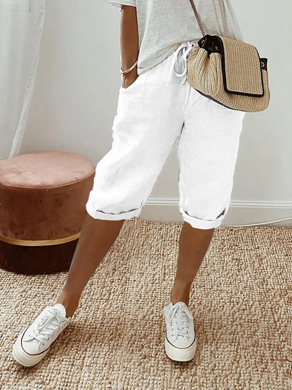 Vivette Linen Cropped Bermuda Shorts with Drawstring