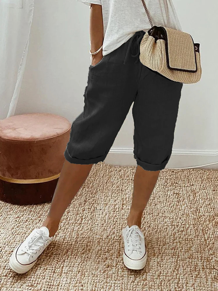 Vivette Linen Cropped Bermuda Shorts with Drawstring