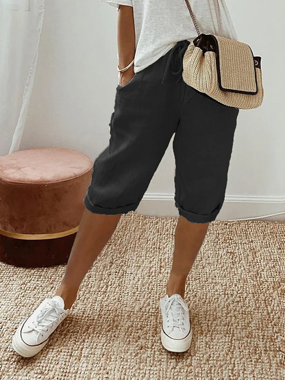 Vivette Linen Cropped Bermuda Shorts with Drawstring