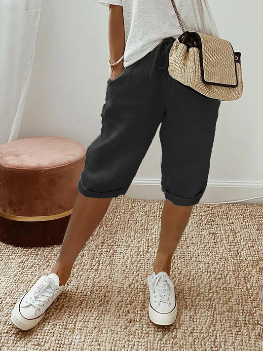 Vivette Linen Cropped Bermuda Shorts with Drawstring