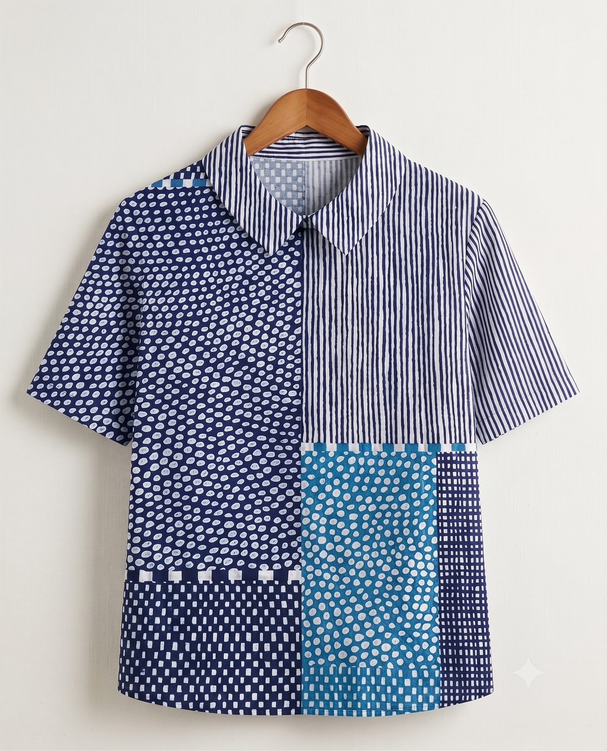 Odeline Patchwork Print Collared Long Sleeve Blouse