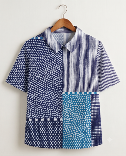 Odeline Patchwork Print Collared Long Sleeve Blouse