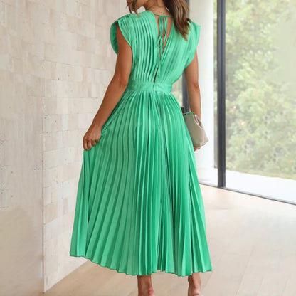 Anahit Wedding Guest Pleated Midi Dress with V-Neck