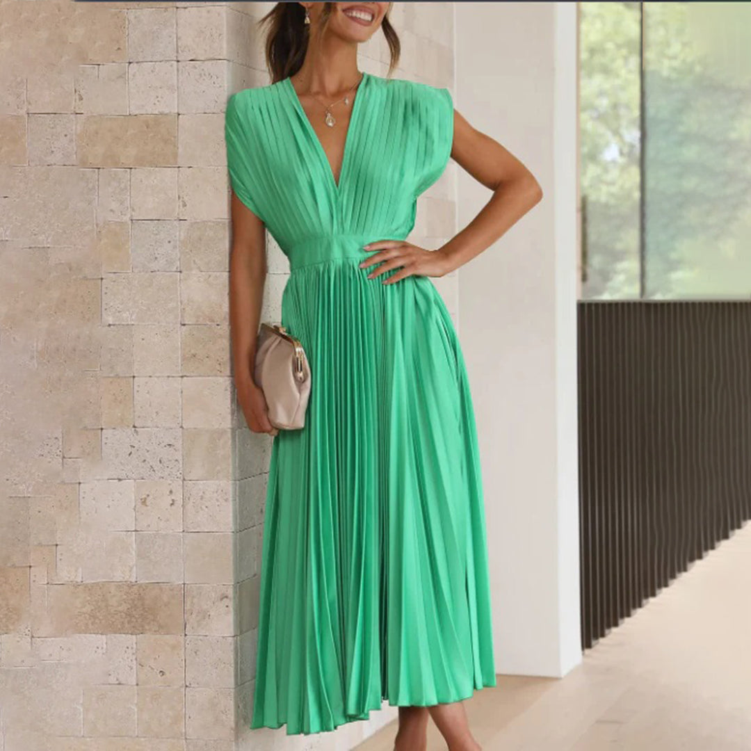Anahit Wedding Guest Pleated Midi Dress with V-Neck