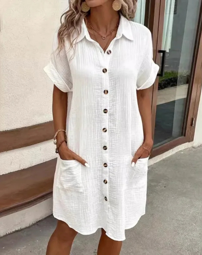 Oriel Cotton Button-Down Shirt Dress with Short Sleeves