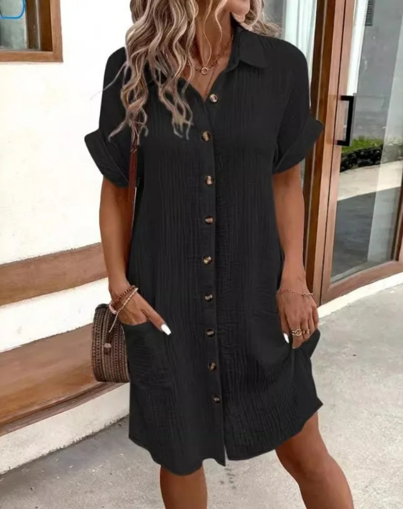 Oriel Cotton Button-Down Shirt Dress with Short Sleeves