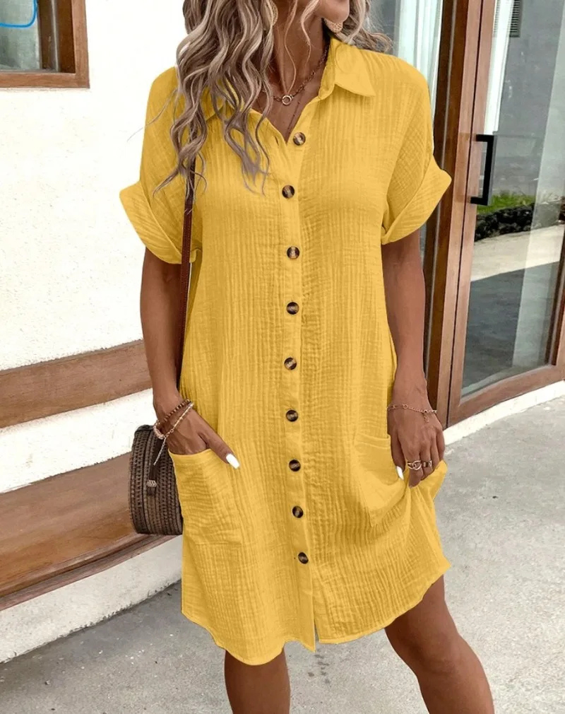 Oriel Cotton Button-Down Shirt Dress with Short Sleeves