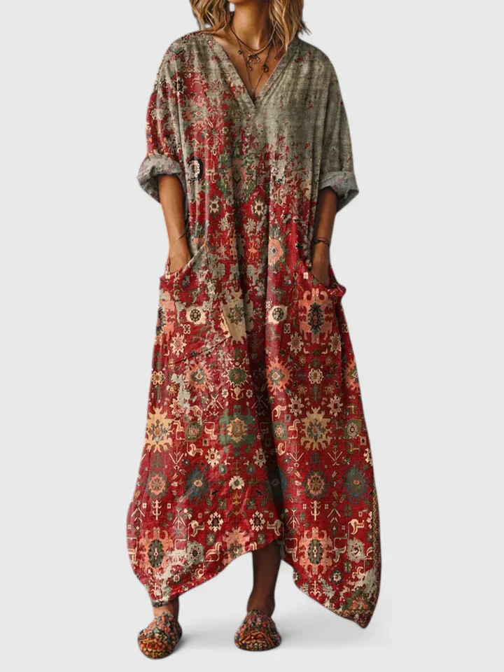 Cesarine V-Neck Front Pocket Maxi Dress