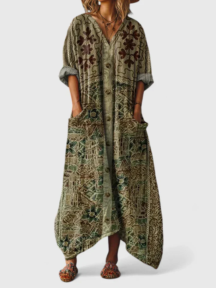 Cesarine V-Neck Front Pocket Maxi Dress