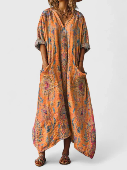 Cesarine V-Neck Front Pocket Maxi Dress