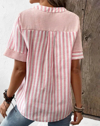 Sidonette Striped Colorblock Half-Button Short Sleeve Blouse