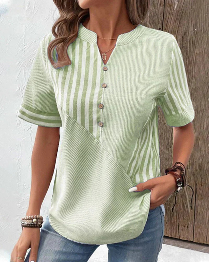 Sidonette Striped Colorblock Half-Button Short Sleeve Blouse