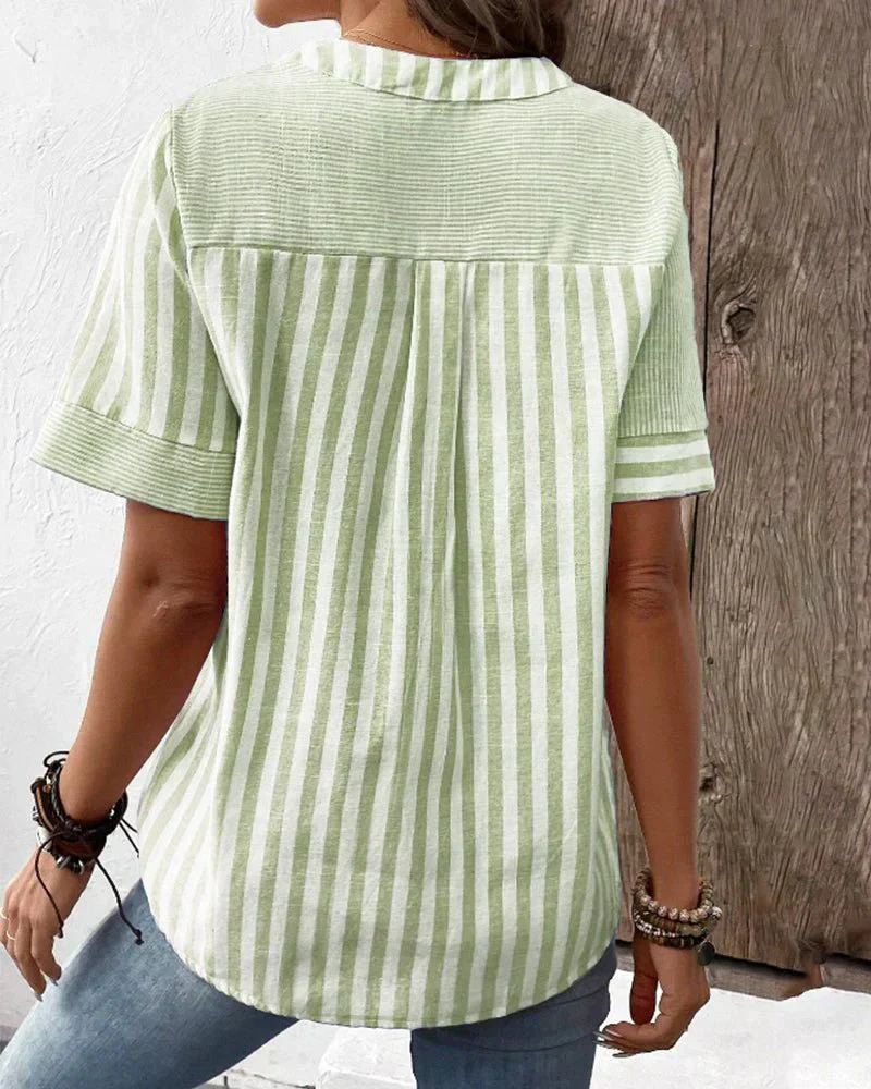 Sidonette Striped Colorblock Half-Button Short Sleeve Blouse