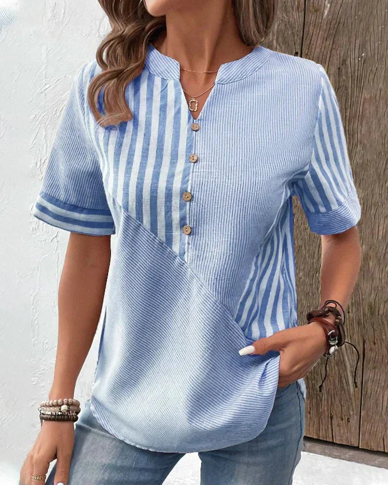 Sidonette Striped Colorblock Half-Button Short Sleeve Blouse