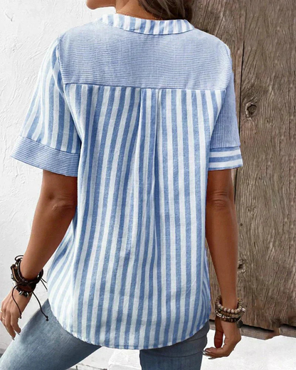 Sidonette Striped Colorblock Half-Button Short Sleeve Blouse