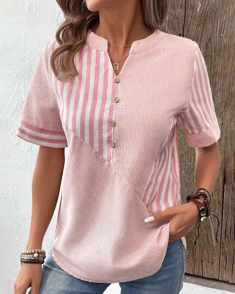 Sidonette Striped Colorblock Half-Button Short Sleeve Blouse