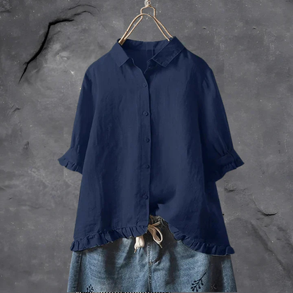 Perrotte Linen Button-Down Shirt with Ruffle Trim