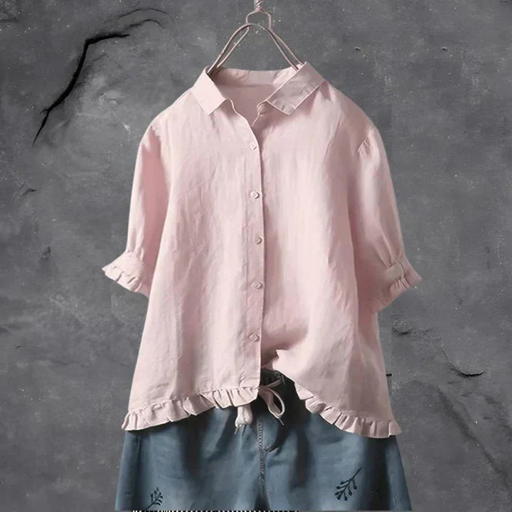 Perrotte Linen Button-Down Shirt with Ruffle Trim