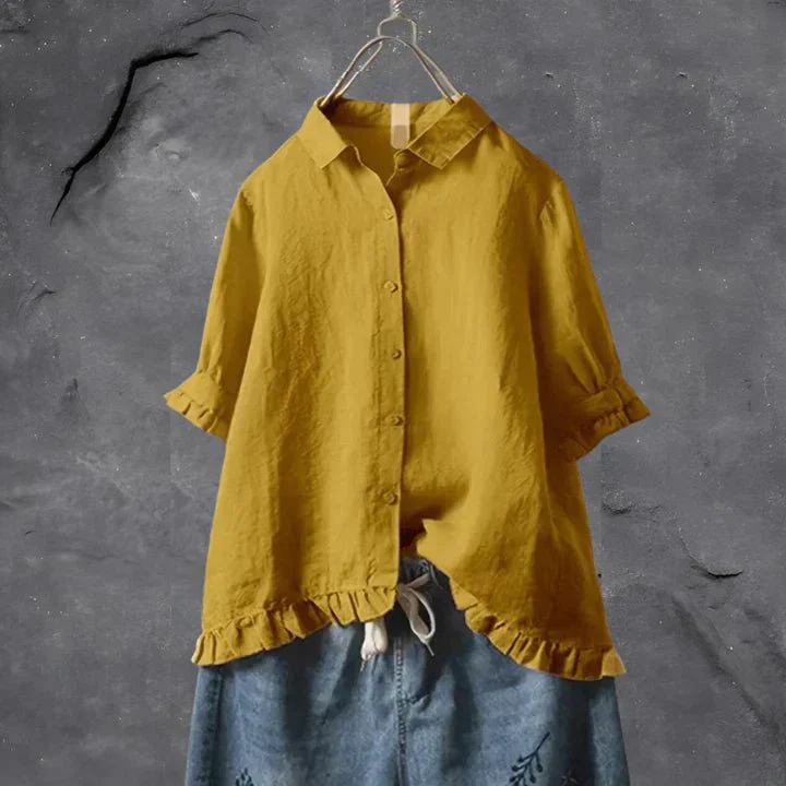 Perrotte Linen Button-Down Shirt with Ruffle Trim