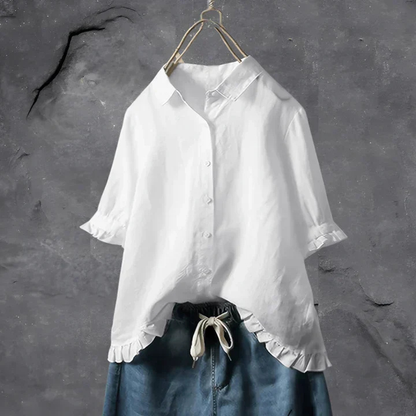 Perrotte Linen Button-Down Shirt with Ruffle Trim