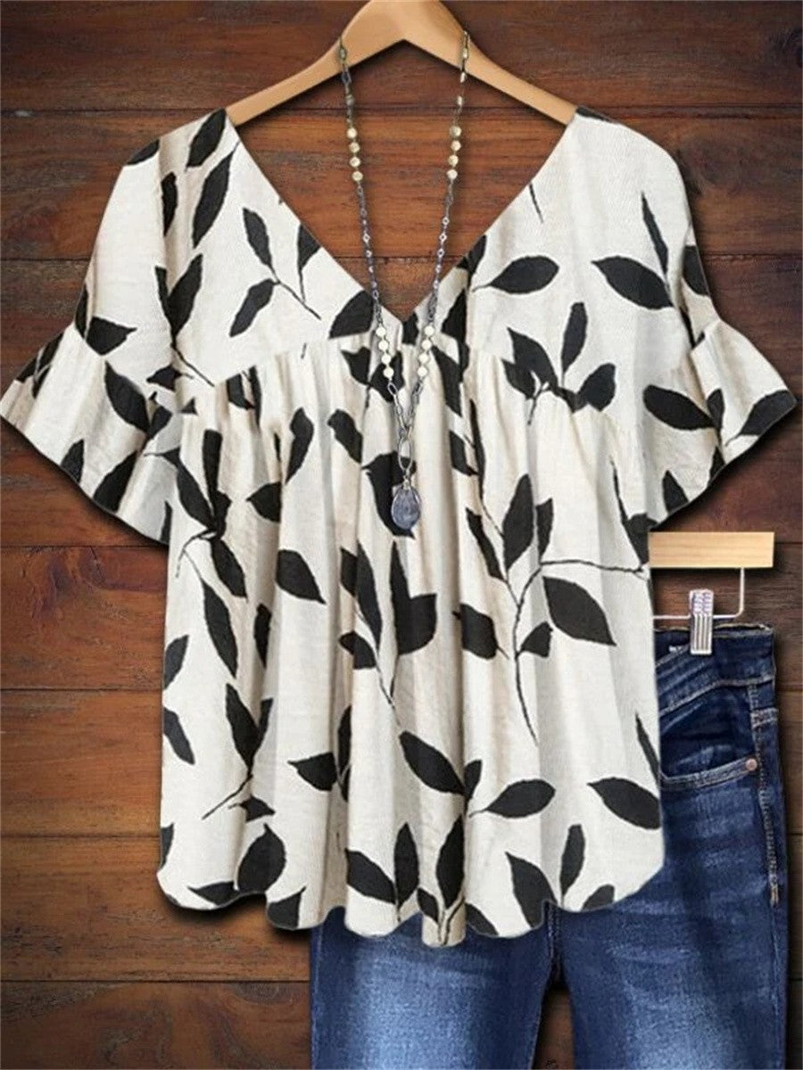 Lienarde V-Neck Flutter Sleeve Leaf Print Blouse
