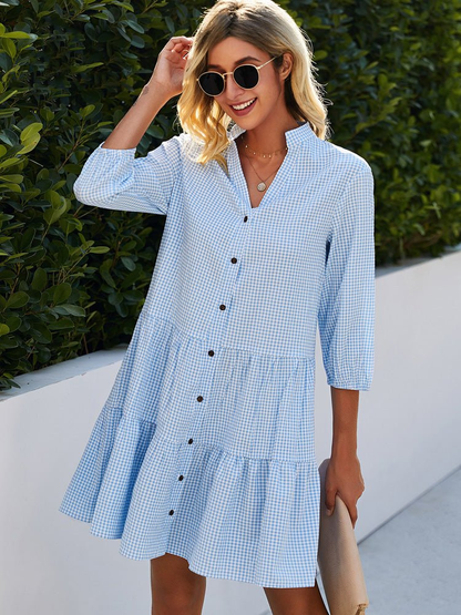 Gauthiere Button-Down Gingham Tiered Shirt Dress