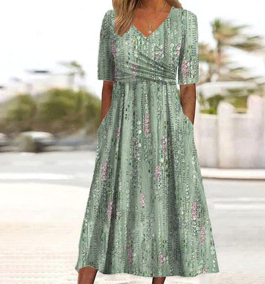 Mechteld V-Neck Floral Midi Dress with Short Sleeves