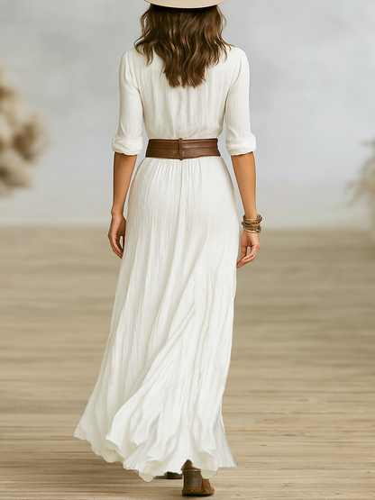 Takouhi V-Neck Button-Down Midi Dress with Belted Waist