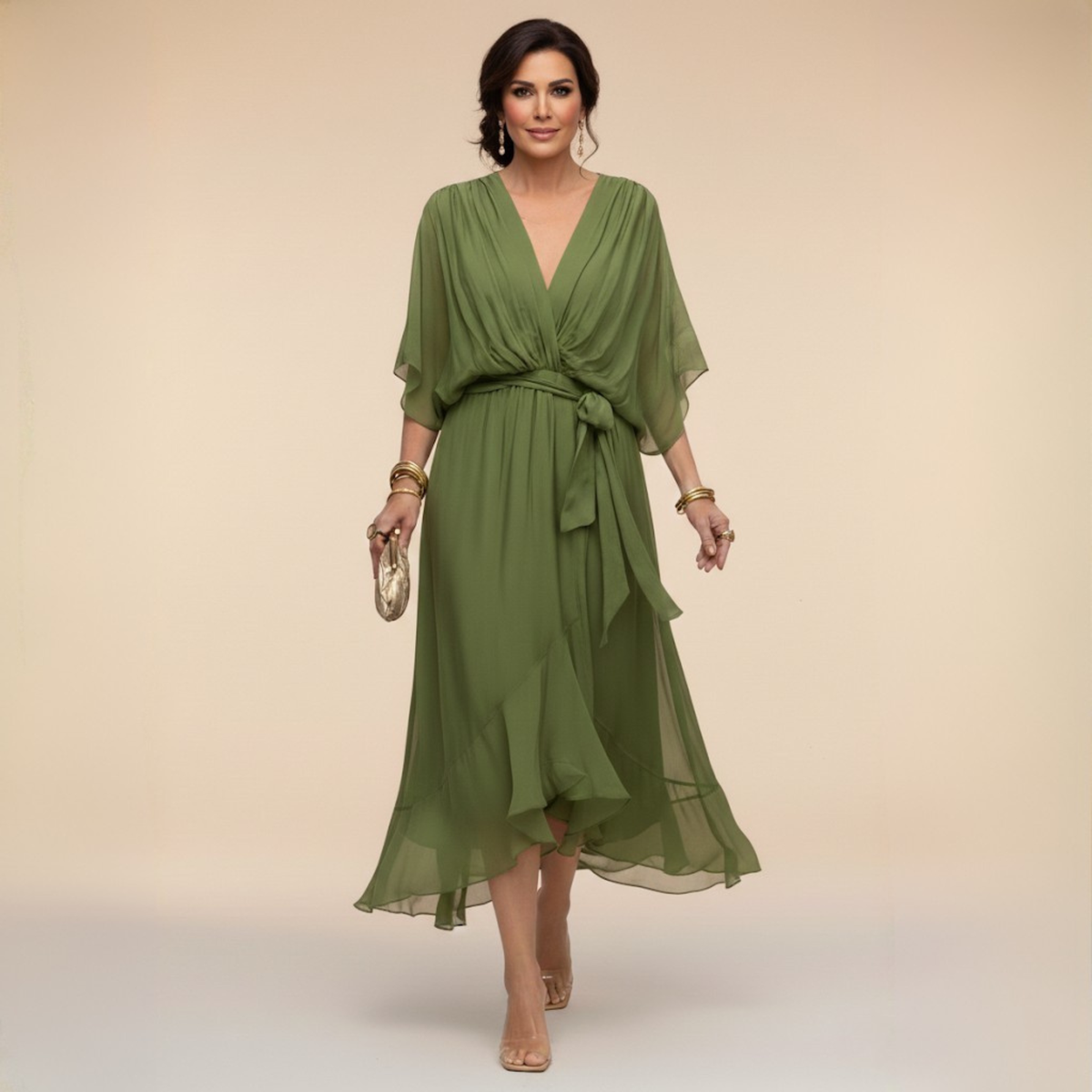 Evgenia Wrap Midi Dress with V-Neck