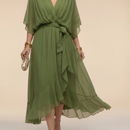 Evgenia Wrap Midi Dress with V-Neck