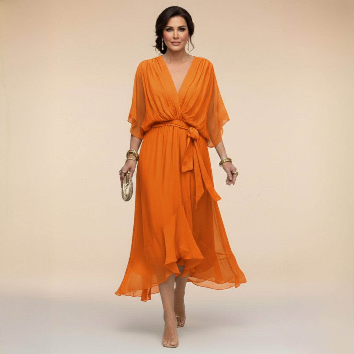 Evgenia Wrap Midi Dress with V-Neck