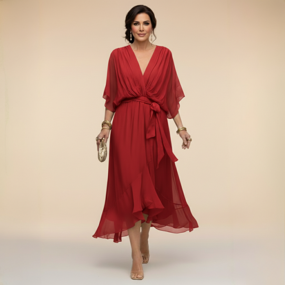 Evgenia Wrap Midi Dress with V-Neck