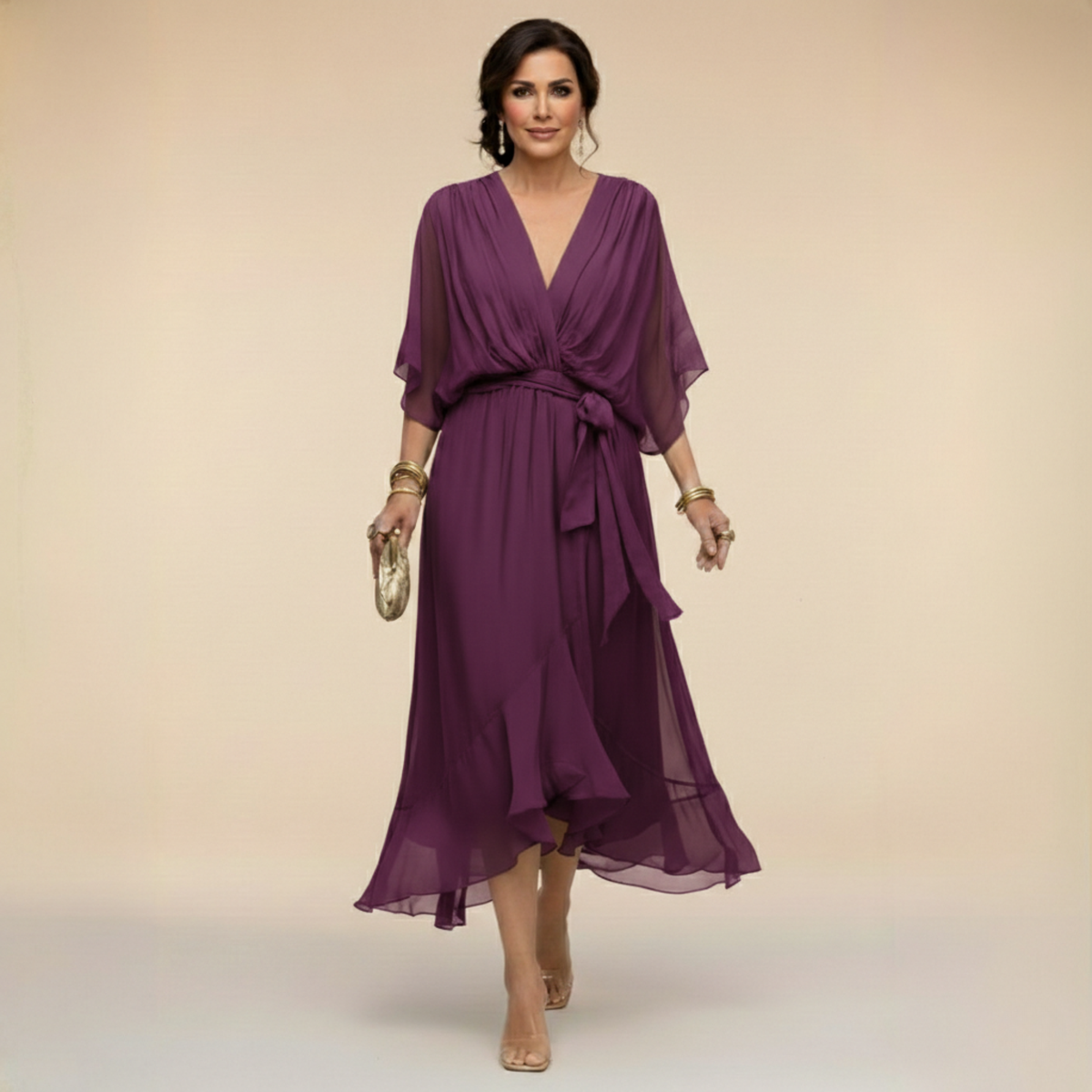 Evgenia Wrap Midi Dress with V-Neck