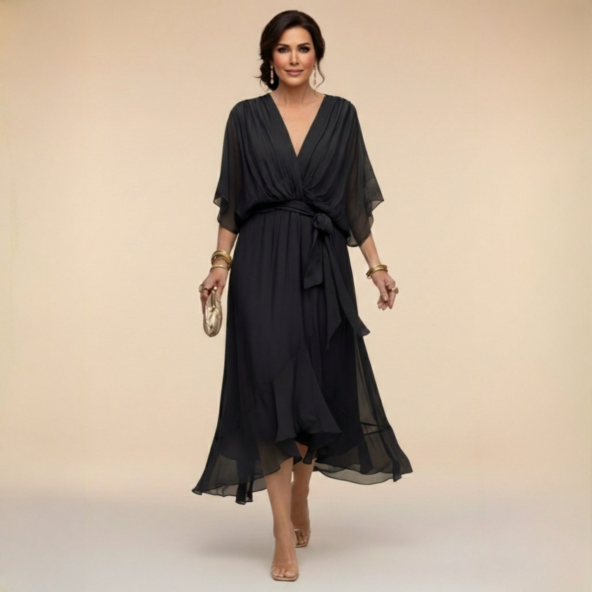 Evgenia Wrap Midi Dress with V-Neck