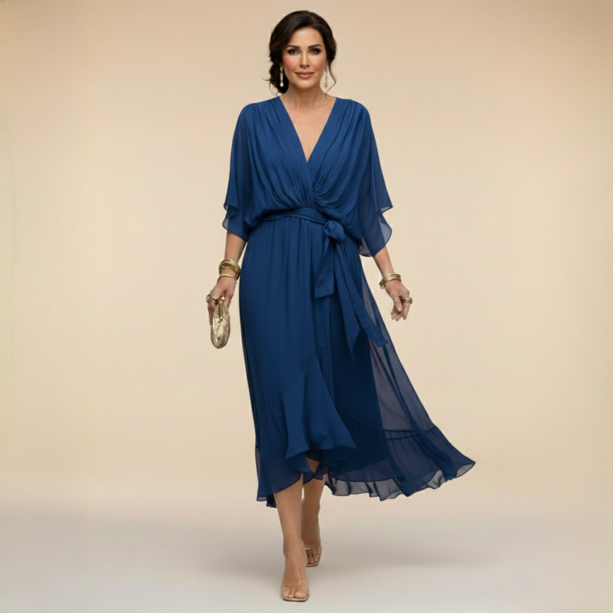 Evgenia Wrap Midi Dress with V-Neck
