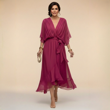 Evgenia Wrap Midi Dress with V-Neck