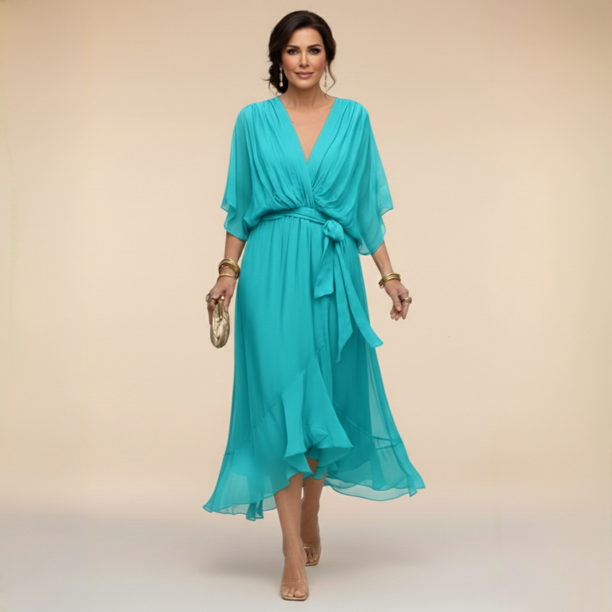 Evgenia Wrap Midi Dress with V-Neck