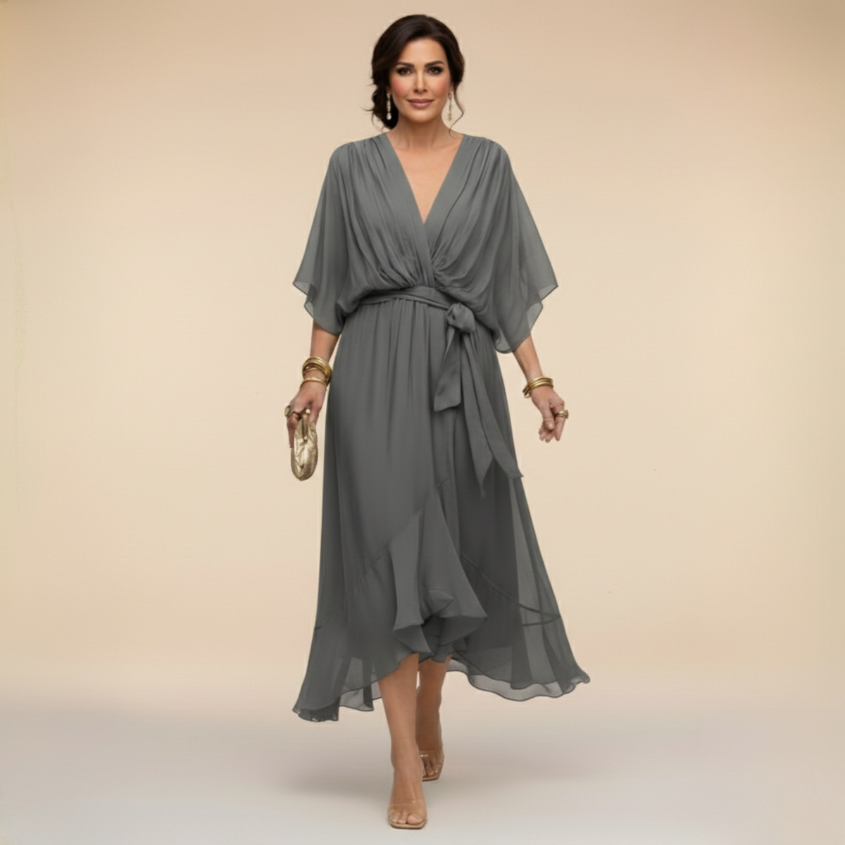 Evgenia Wrap Midi Dress with V-Neck