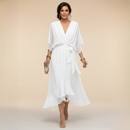 Evgenia Wrap Midi Dress with V-Neck